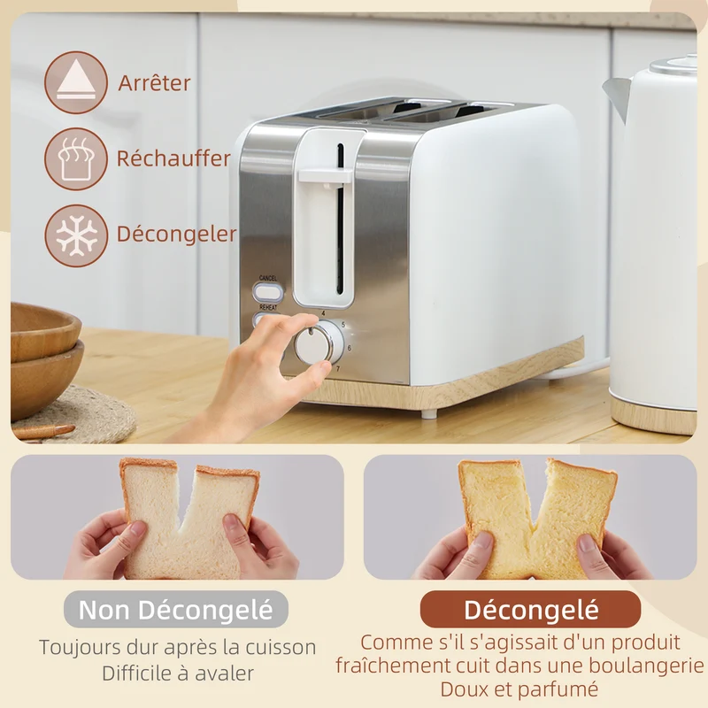 Ensemble bouilloire et grille-pain cuisine 22,4 x 15,6 x 23,9 cm 7 niveaux fini mat moderne en acier inoxydable blanc 21_0000951