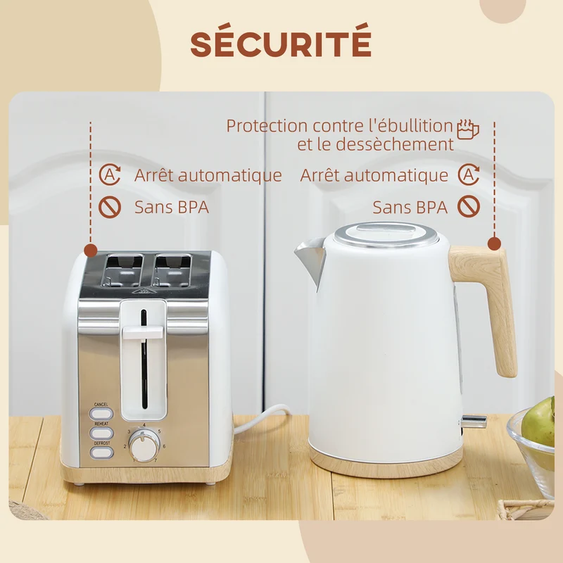 Ensemble bouilloire et grille-pain cuisine 22,4 x 15,6 x 23,9 cm 7 niveaux fini mat moderne en acier inoxydable blanc 21_0000951