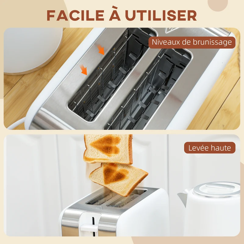 Ensemble bouilloire et grille-pain cuisine 22,4 x 15,6 x 23,9 cm 7 niveaux fini mat moderne en acier inoxydable blanc 21_0000951