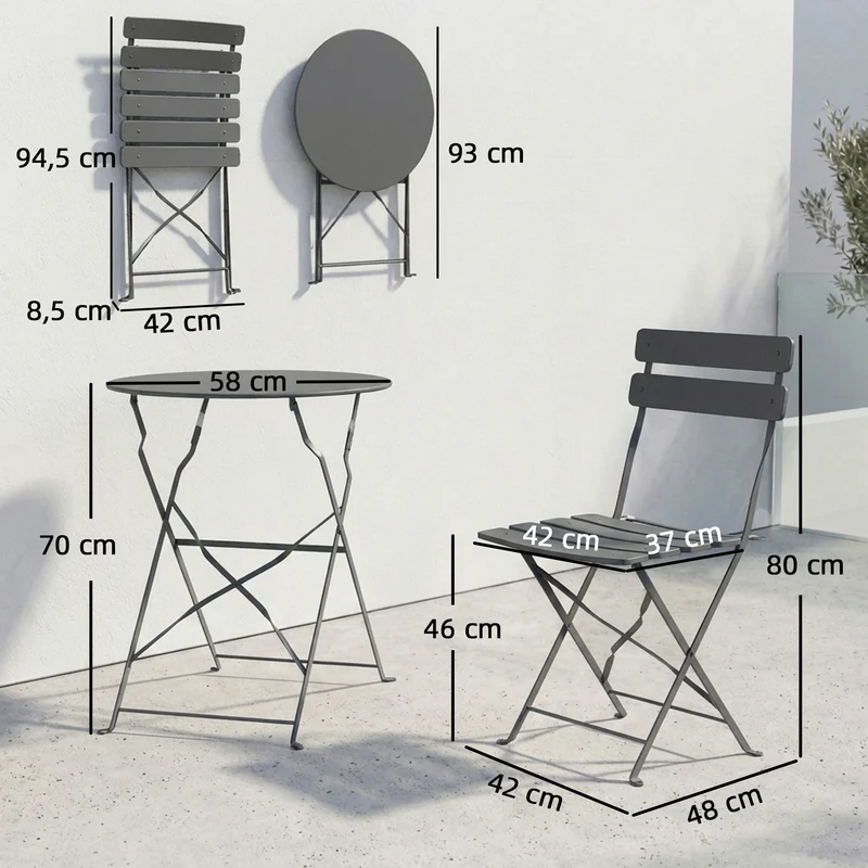 Ensemble bistrot pliant 3 pièces 58 x 58 x 70 cm résistant aux intempéries gain de place moderne épuré en métal gris 21_0005756