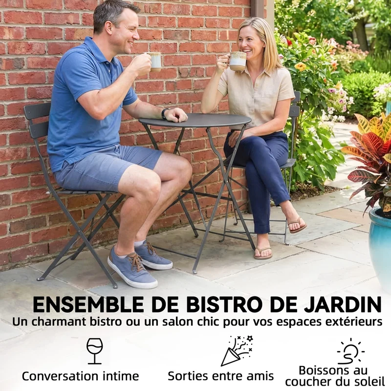 Ensemble bistrot pliant 3 pièces 58 x 58 x 70 cm résistant aux intempéries gain de place moderne épuré en métal gris 21_0005756