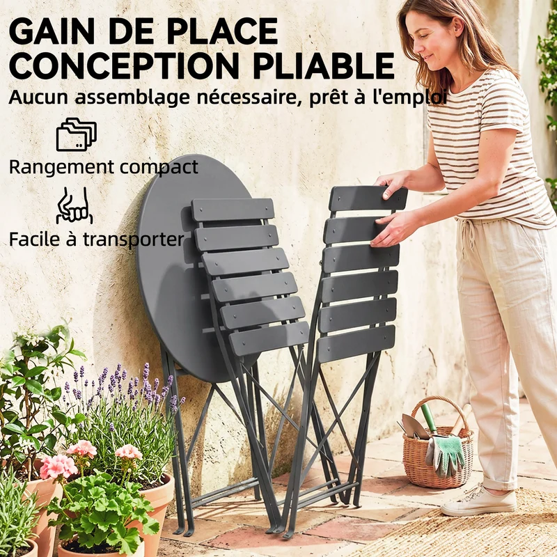 Ensemble bistrot pliant 3 pièces 58 x 58 x 70 cm résistant aux intempéries gain de place moderne épuré en métal gris 21_0005756