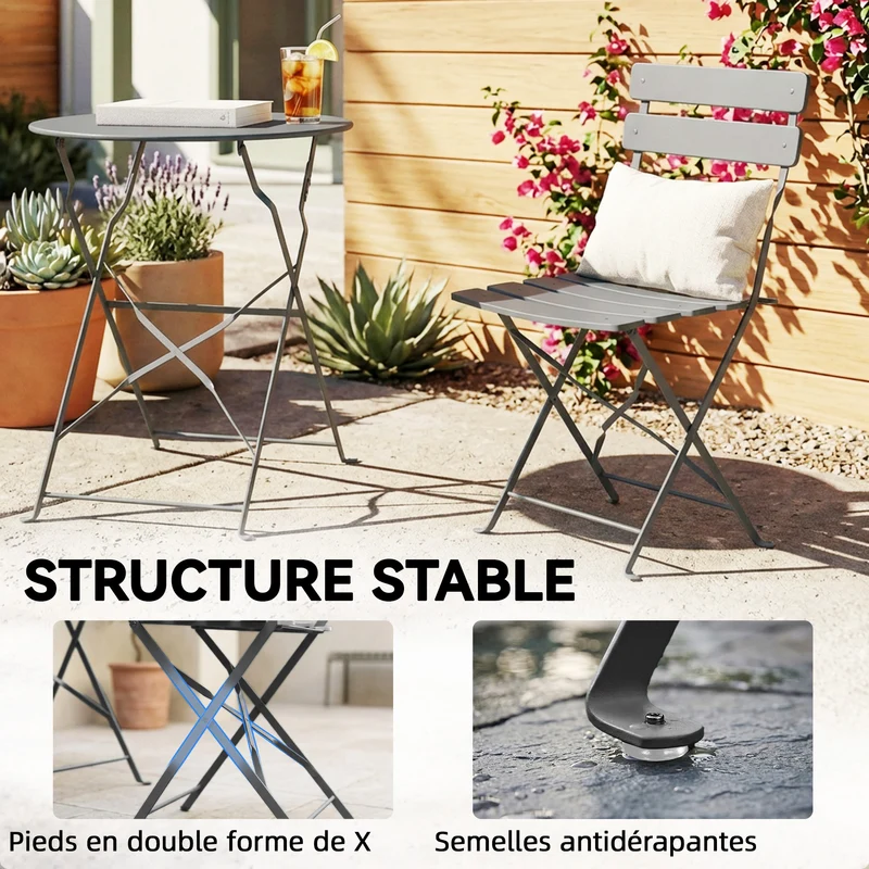 Ensemble bistrot pliant 3 pièces 58 x 58 x 70 cm résistant aux intempéries gain de place moderne épuré en métal gris 21_0005756