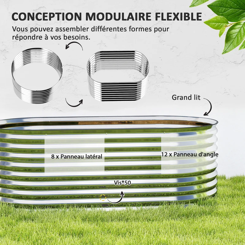 Carré potager surélevé jardin 160 x 80 x 56 cm fond ouvert drainage optimisé modulaire moderne en acier galvanisé argent 21_0005519