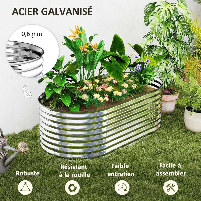 Carré potager surélevé jardin 160 x 80 x 56 cm fond ouvert drainage optimisé modulaire moderne en acier galvanisé argent 21_0005519