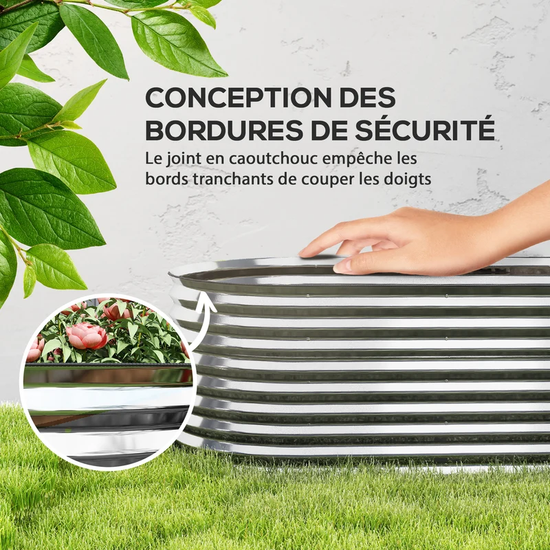 Carré potager surélevé jardin 160 x 80 x 56 cm fond ouvert drainage optimisé modulaire moderne en acier galvanisé argent 21_0005519