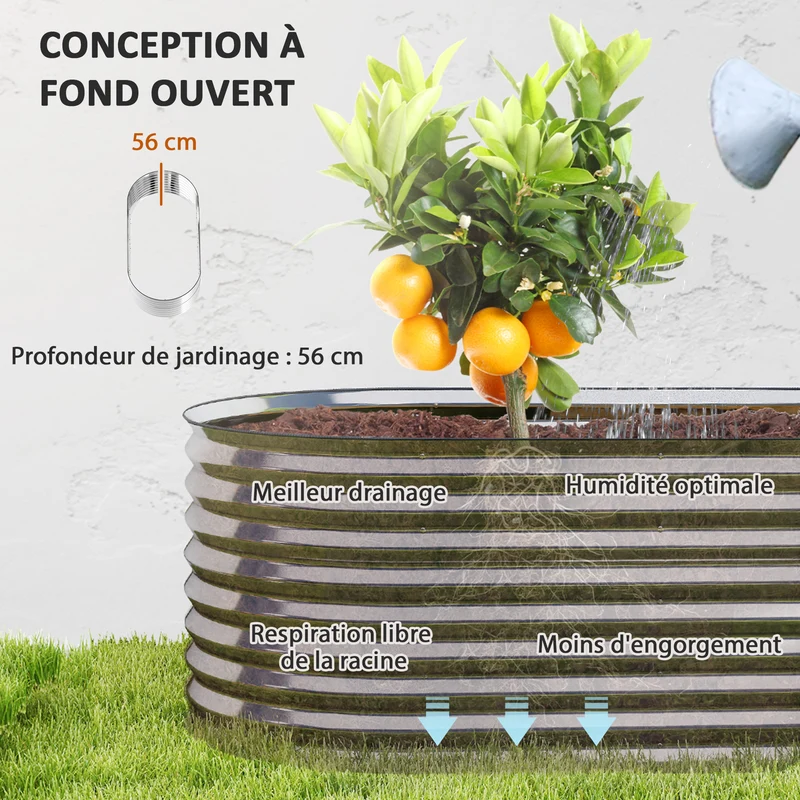 Carré potager surélevé jardin 160 x 80 x 56 cm fond ouvert drainage optimisé modulaire moderne en acier galvanisé argent 21_0005519