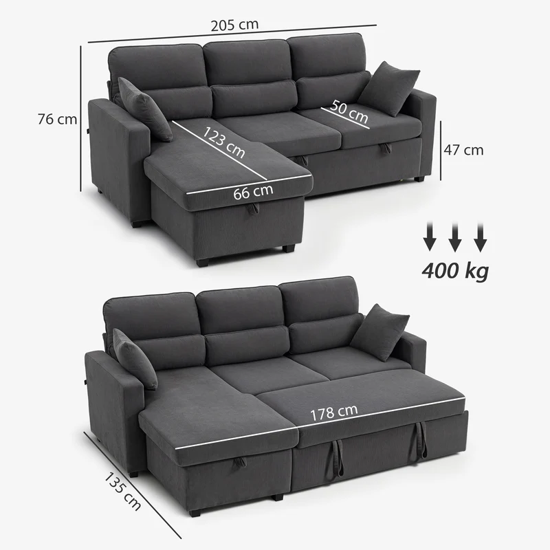 Canapé d'angle convertible 3 places 205 x 135 x 76 cm avec rangement caché pratique moderne en velours côtelé gris foncé 21_0003601