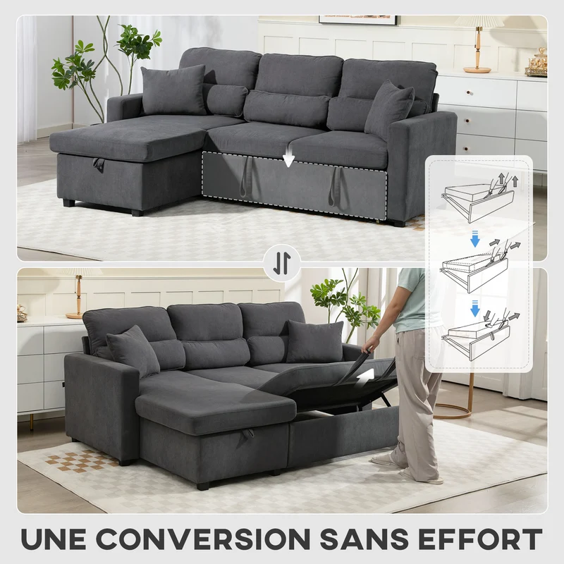 Canapé d'angle convertible 3 places 205 x 135 x 76 cm avec rangement caché pratique moderne en velours côtelé gris foncé 21_0003601
