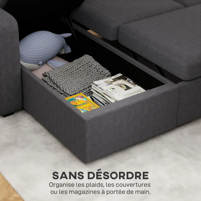 Canapé d'angle convertible 3 places 205 x 135 x 76 cm avec rangement caché pratique moderne en velours côtelé gris foncé 21_0003601