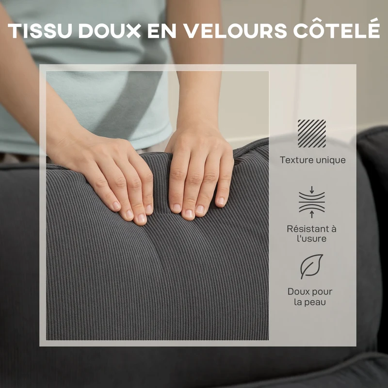 Canapé d'angle convertible 3 places 205 x 135 x 76 cm avec rangement caché pratique moderne en velours côtelé gris foncé 21_0003601