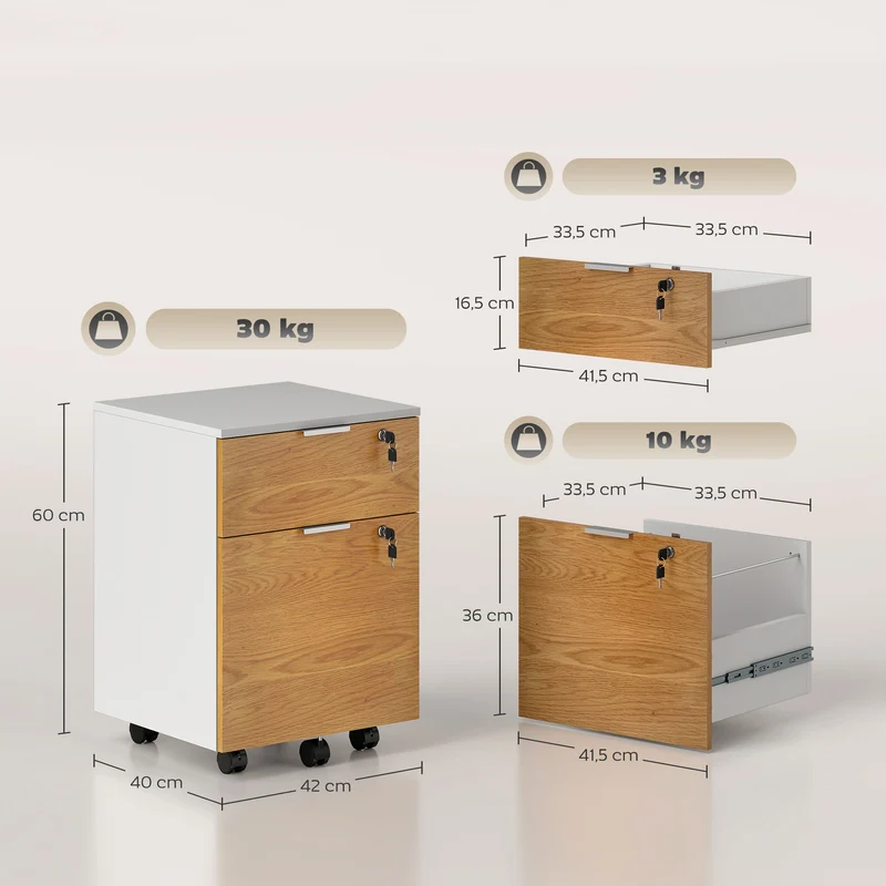 Caisson de bureau 42 x 40 x 60 cm verrouillable 2 tiroirs dossiers suspendus moderne en panneau de particules blanc 21_0006395