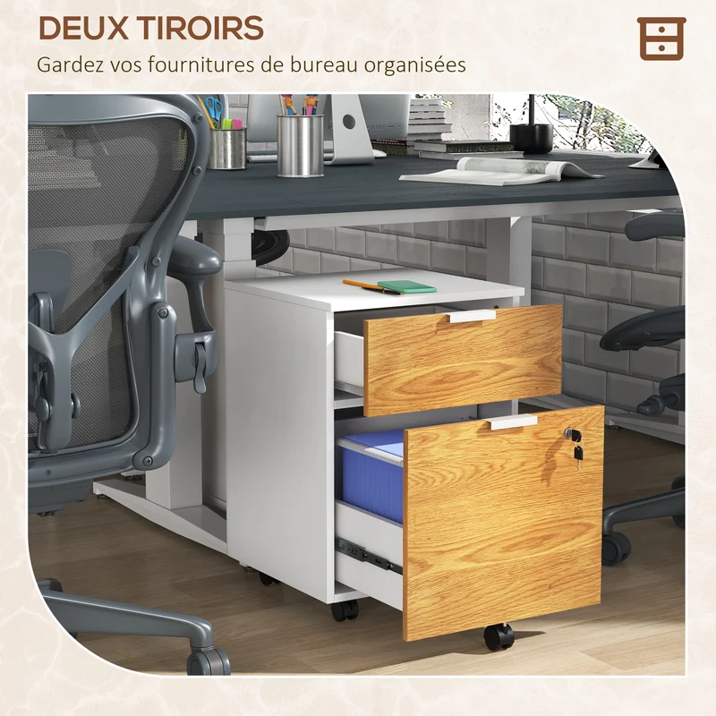 Caisson de bureau 42 x 40 x 60 cm verrouillable 2 tiroirs dossiers suspendus moderne en panneau de particules blanc 21_0006395