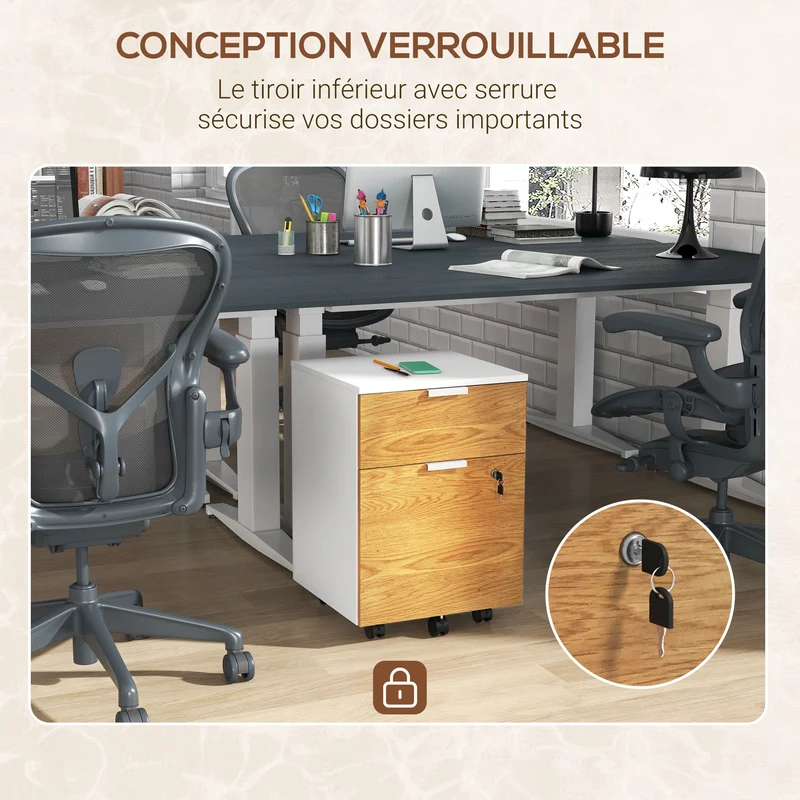 Caisson de bureau 42 x 40 x 60 cm verrouillable 2 tiroirs dossiers suspendus moderne en panneau de particules blanc 21_0006395
