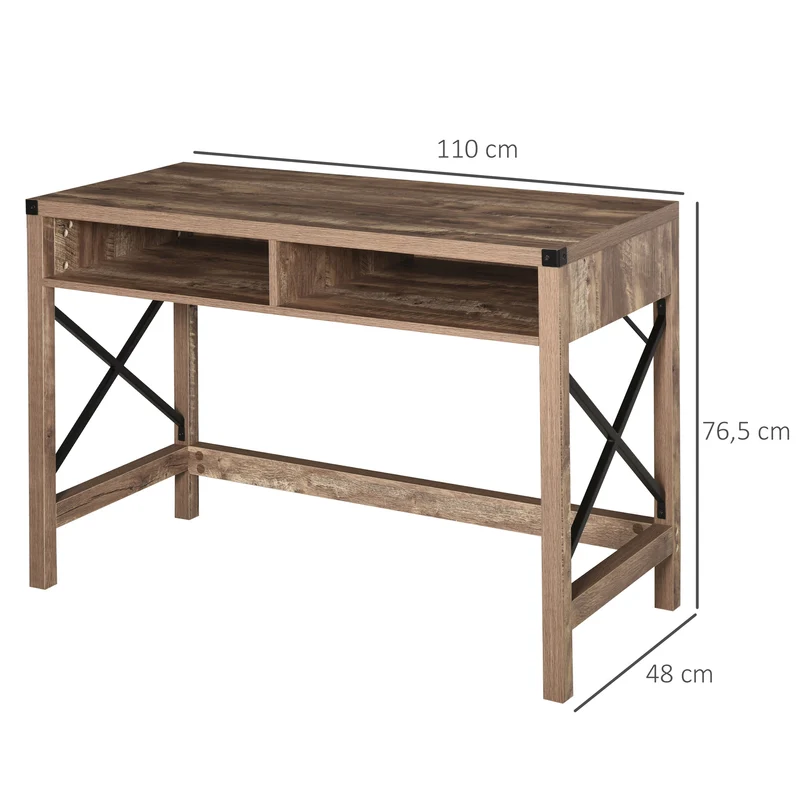 Bureau grand plateau 110 x 48 x 76 cm 2 niches rangement robuste style industriel épuré en panneaux de particules marron 21_0002439