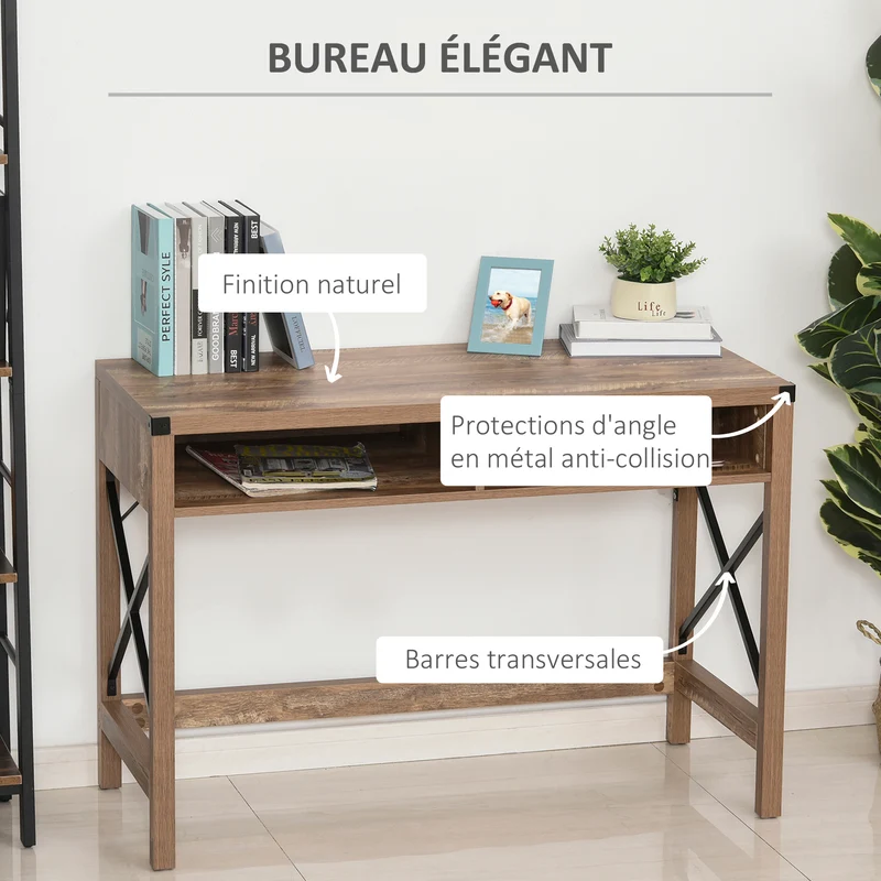 Bureau grand plateau 110 x 48 x 76 cm 2 niches rangement robuste style industriel épuré en panneaux de particules marron 21_0002439