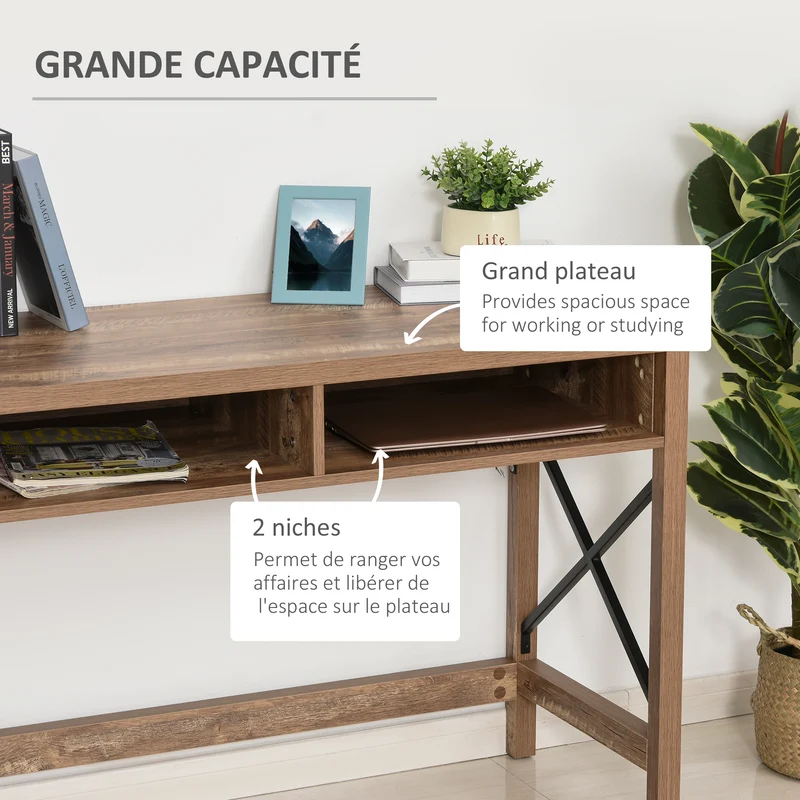 Bureau grand plateau 110 x 48 x 76 cm 2 niches rangement robuste style industriel épuré en panneaux de particules marron 21_0002439