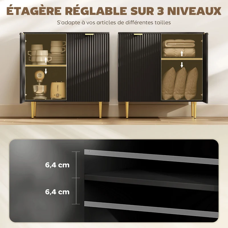 Buffet de cuisine 2 portes 80 x 40 x 80 cm étagère réglable pieds métalliques surélevés design épuré compact en MDF noir 21_0003271