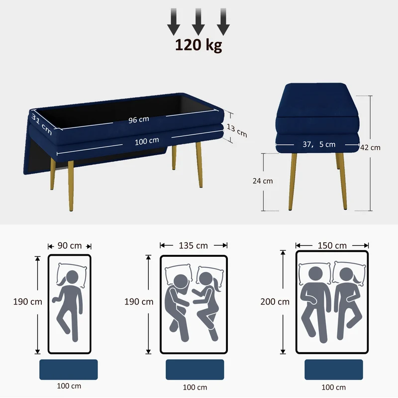 Banquette coffre de rangement 100 x 37,5 x 42 cm assise velours grand rangement style classique chic en polyester bleu 21_0002928