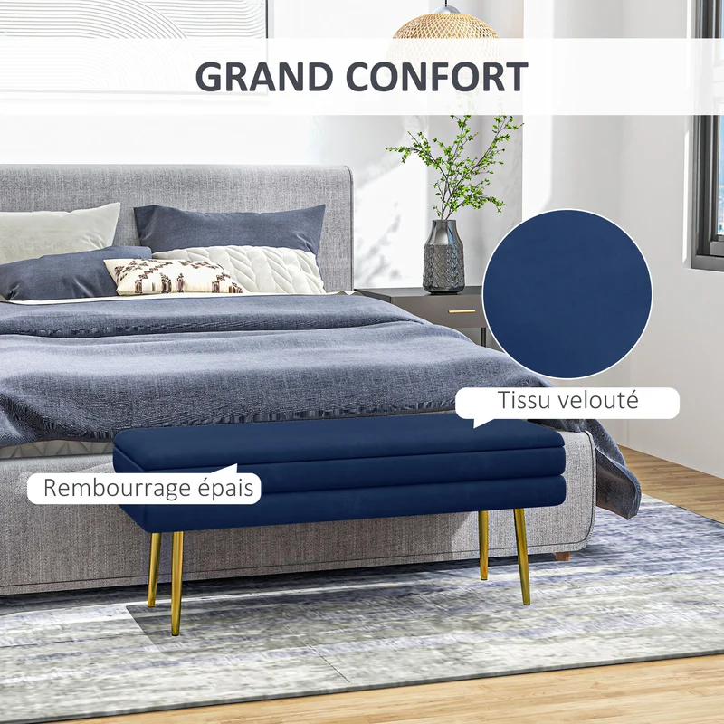 Banquette coffre de rangement 100 x 37,5 x 42 cm assise velours grand rangement style classique chic en polyester bleu 21_0002928