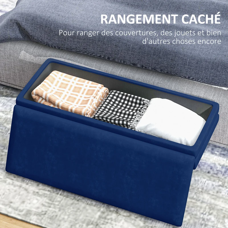 Banquette coffre de rangement 100 x 37,5 x 42 cm assise velours grand rangement style classique chic en polyester bleu 21_0002928