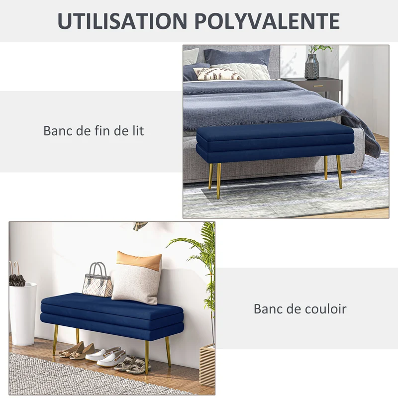 Banquette coffre de rangement 100 x 37,5 x 42 cm assise velours grand rangement style classique chic en polyester bleu 21_0002928