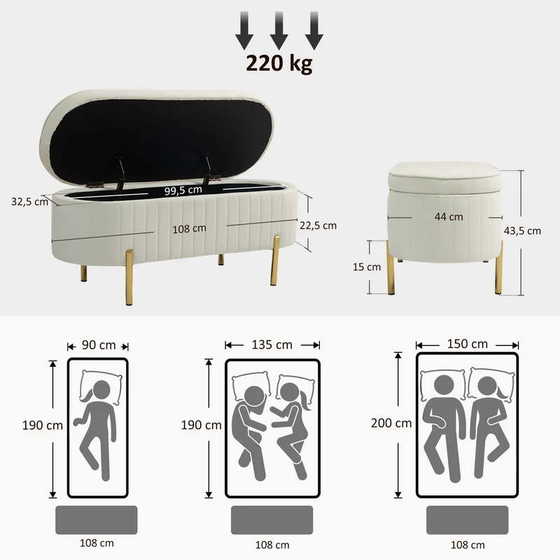 Banc de rangement ovale bout de lit 108 x 44 x 43,5 cm rangement 72 l capitonné style contemporain en velours crème 21_0001654