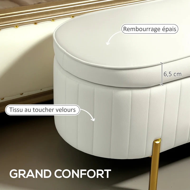 Banc de rangement ovale bout de lit 108 x 44 x 43,5 cm rangement 72 l capitonné style contemporain en velours crème 21_0001654