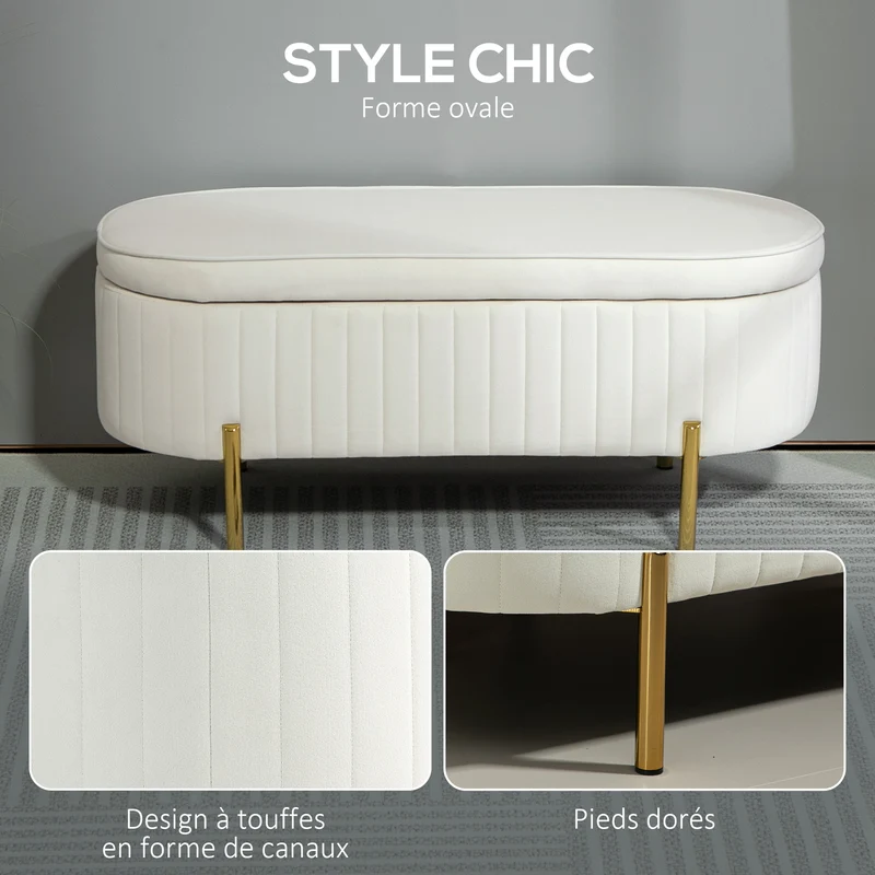 Banc de rangement ovale bout de lit 108 x 44 x 43,5 cm rangement 72 l capitonné style contemporain en velours crème 21_0001654