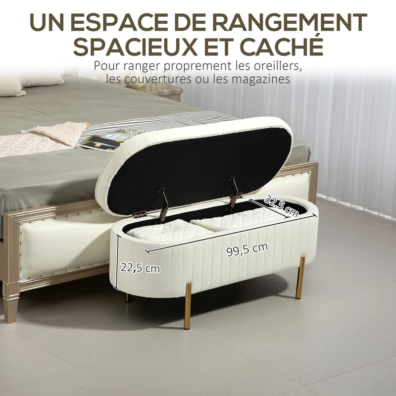 Banc de rangement ovale bout de lit 108 x 44 x 43,5 cm rangement 72 l capitonné style contemporain en velours crème 21_0001654