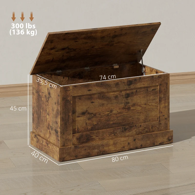 Banc coffre salon 80 x 40 x 45 cm grande capacité charnière de sécurité grain bois moderne en mélamine brun rustique 21_0002948