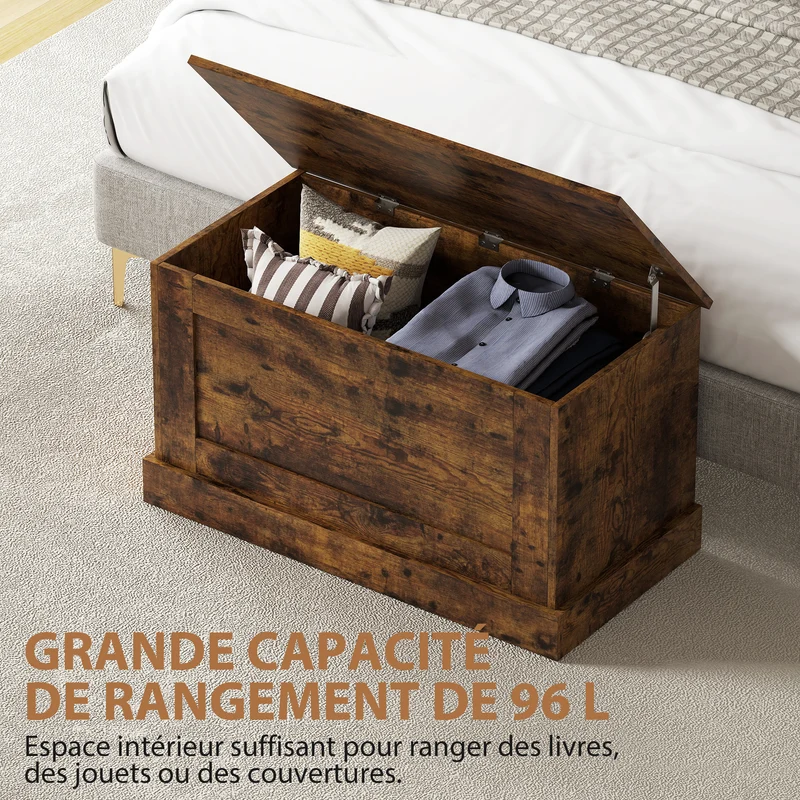 Banc coffre salon 80 x 40 x 45 cm grande capacité charnière de sécurité grain bois moderne en mélamine brun rustique 21_0002948