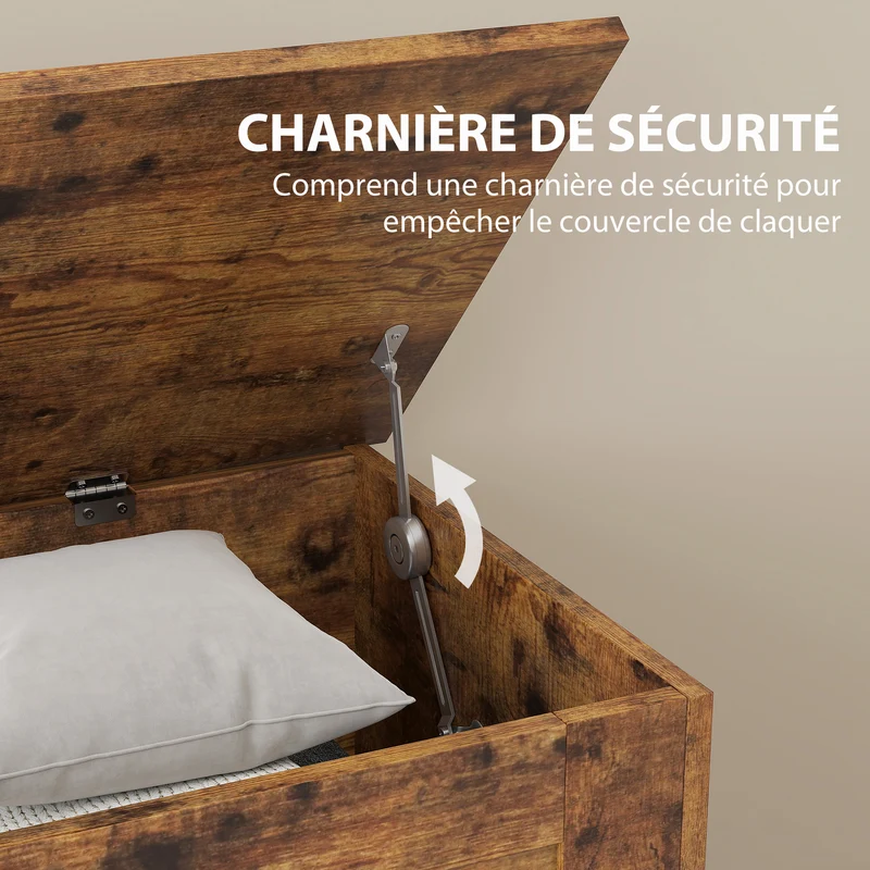 Banc coffre salon 80 x 40 x 45 cm grande capacité charnière de sécurité grain bois moderne en mélamine brun rustique 21_0002948