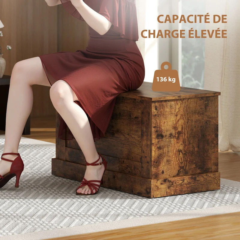 Banc coffre salon 80 x 40 x 45 cm grande capacité charnière de sécurité grain bois moderne en mélamine brun rustique 21_0002948