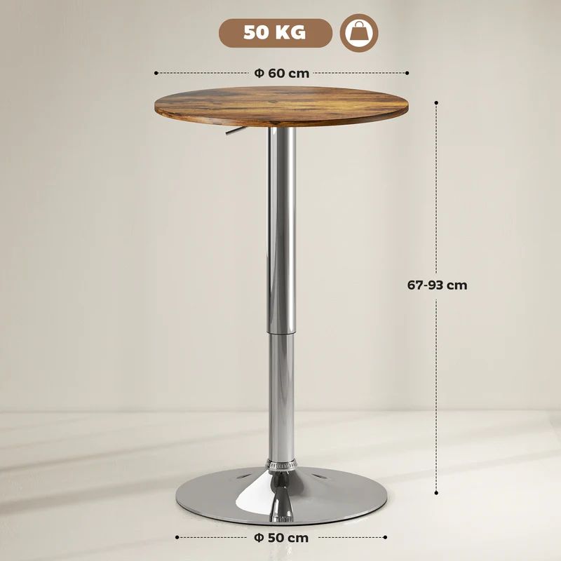 Table de bar bistro mange-debout hauteur réglable 93 x 60 x 60 cm plateau pivotant 360° stable contemporain en PVC gris 21_0003246