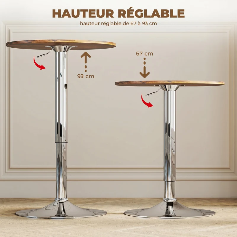 Table de bar bistro mange-debout hauteur réglable 93 x 60 x 60 cm plateau pivotant 360° stable contemporain en PVC gris 21_0003246