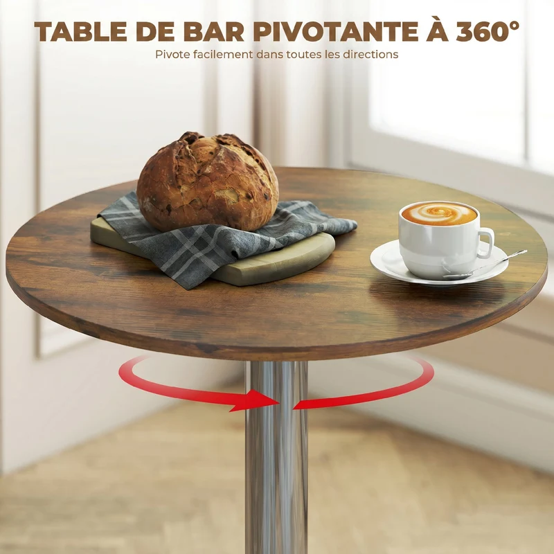 Table de bar bistro mange-debout hauteur réglable 93 x 60 x 60 cm plateau pivotant 360° stable contemporain en PVC gris 21_0003246