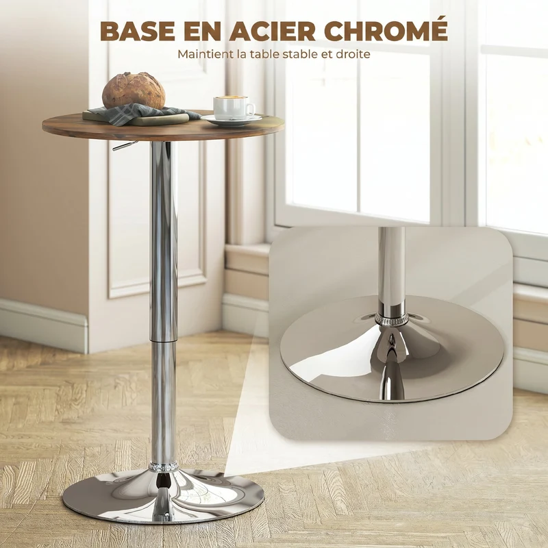 Table de bar bistro mange-debout hauteur réglable 93 x 60 x 60 cm plateau pivotant 360° stable contemporain en PVC gris 21_0003246