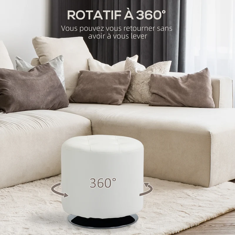 Repose-pieds pivotant rond salon pouf capitonné 45,5 x 44,5 cm rembourré confortable utile design scandinave en PU blanc 21_0002830