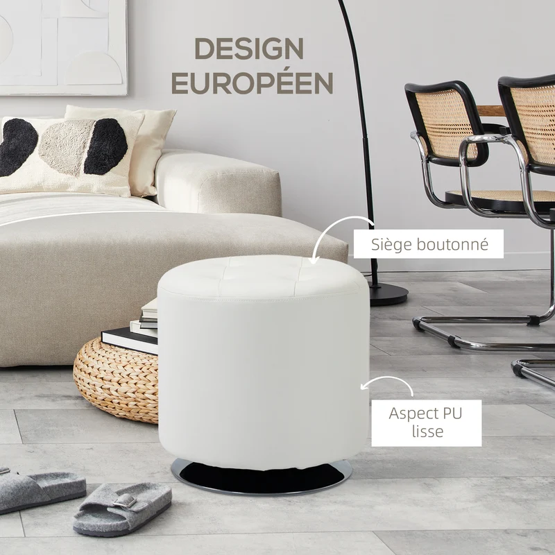 Repose-pieds pivotant rond salon pouf capitonné 45,5 x 44,5 cm rembourré confortable utile design scandinave en PU blanc 21_0002830