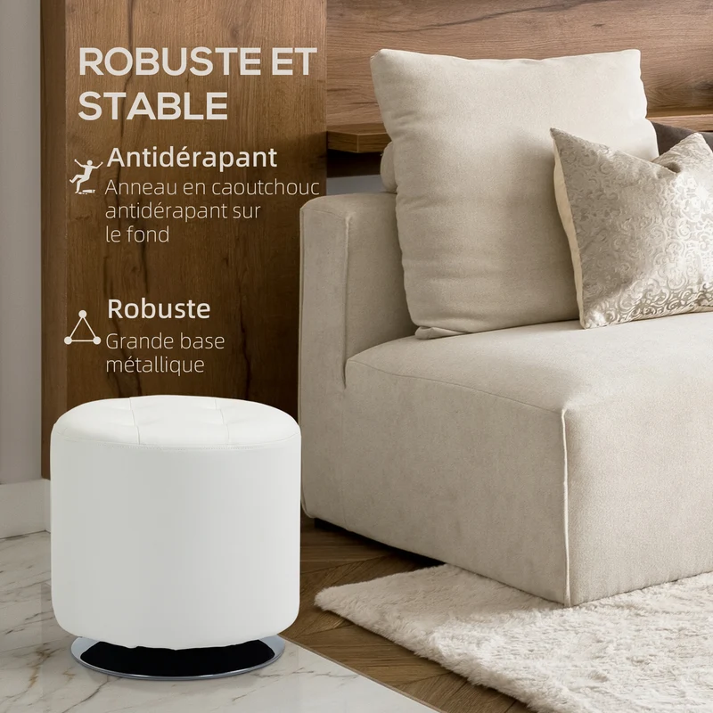 Repose-pieds pivotant rond salon pouf capitonné 45,5 x 44,5 cm rembourré confortable utile design scandinave en PU blanc 21_0002830