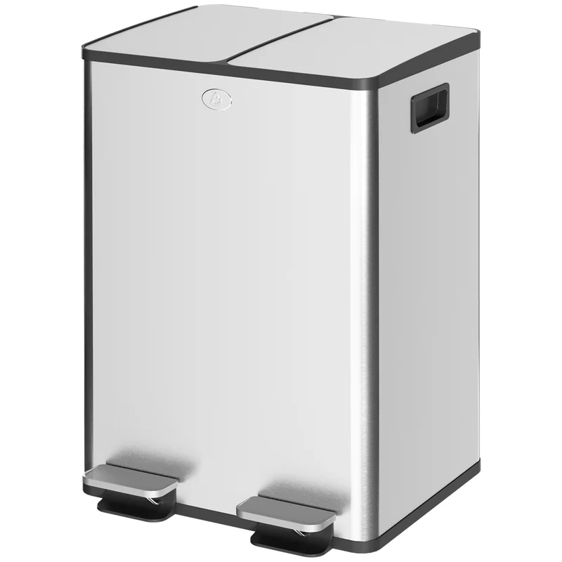 Poubelle de cuisine double 45,8 x 36 x 67,6 cm seaux amovibles fermeture douce tri moderne en acier inoxydable argent 21_0005907