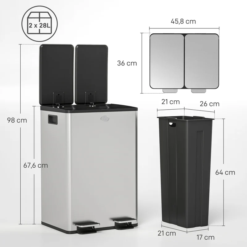 Poubelle de cuisine double 45,8 x 36 x 67,6 cm seaux amovibles fermeture douce tri moderne en acier inoxydable argent 21_0005907