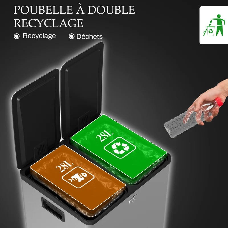 Poubelle de cuisine double 45,8 x 36 x 67,6 cm seaux amovibles fermeture douce tri moderne en acier inoxydable argent 21_0005907
