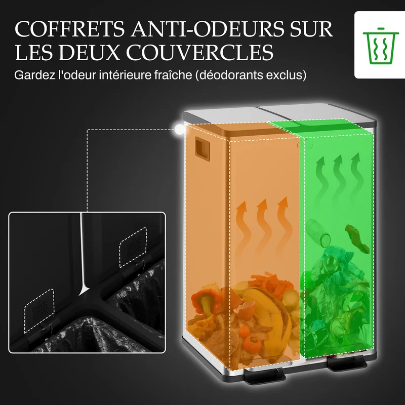 Poubelle de cuisine double 45,8 x 36 x 67,6 cm seaux amovibles fermeture douce tri moderne en acier inoxydable argent 21_0005907