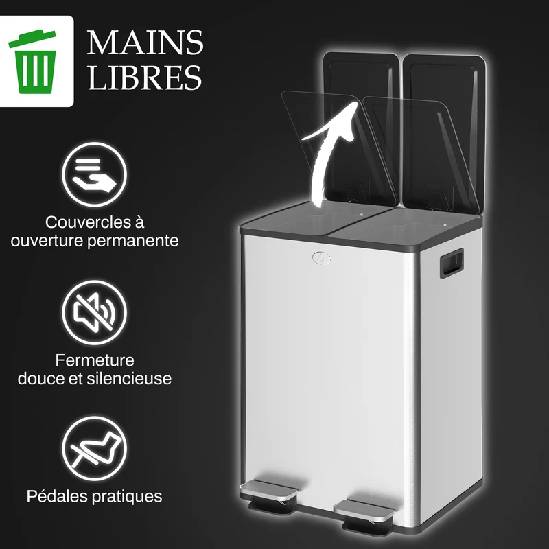 Poubelle de cuisine double 45,8 x 36 x 67,6 cm seaux amovibles fermeture douce tri moderne en acier inoxydable argent 21_0005907