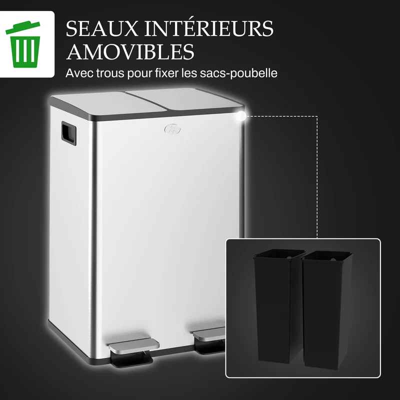 Poubelle de cuisine double 45,8 x 36 x 67,6 cm seaux amovibles fermeture douce tri moderne en acier inoxydable argent 21_0005907