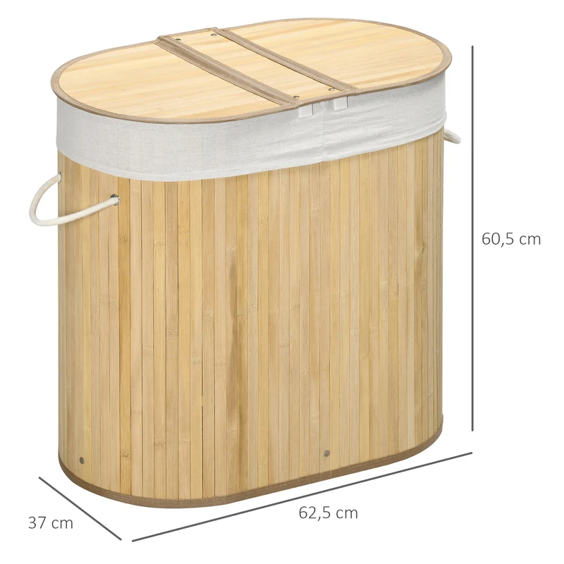 Panier à linge 62.5 x 37 x 60.5 cm 2 sections sac amovible style scandinave moderne ambiance cosy en bambou naturel 21_0005832