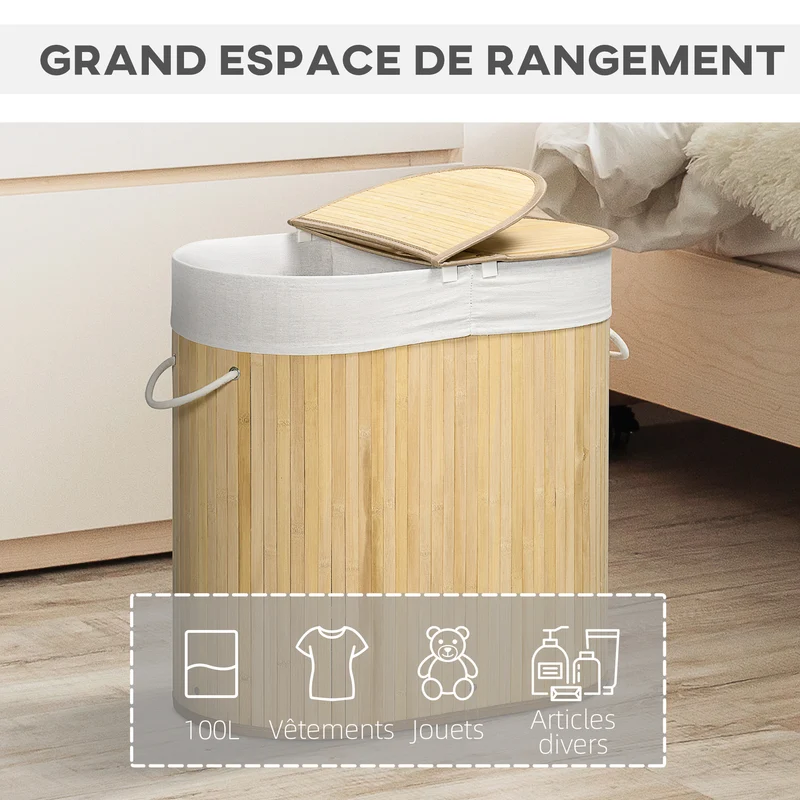 Panier à linge 62.5 x 37 x 60.5 cm 2 sections sac amovible style scandinave moderne ambiance cosy en bambou naturel 21_0005832
