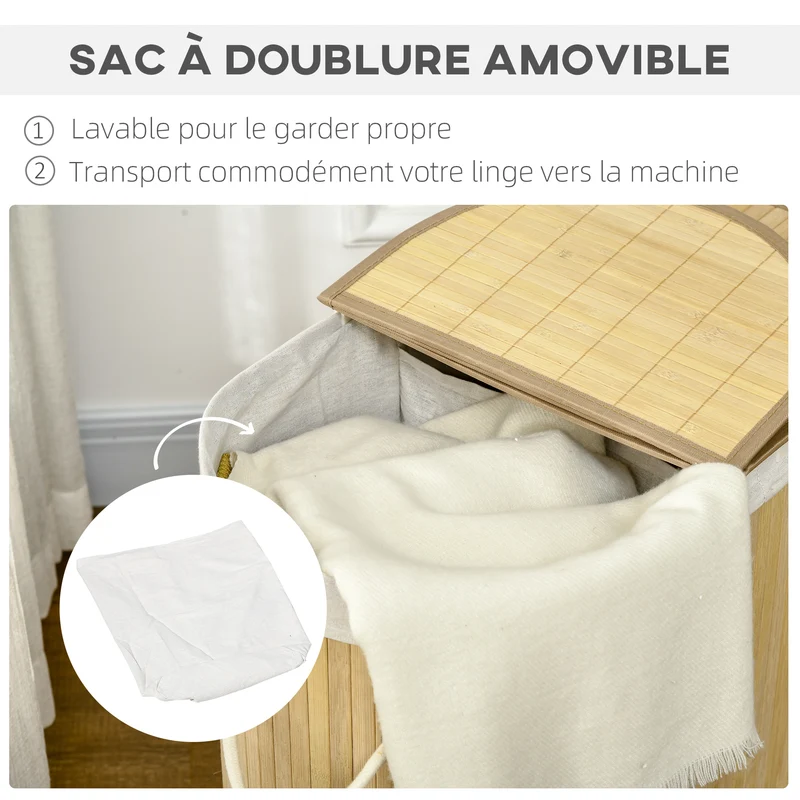 Panier à linge 62.5 x 37 x 60.5 cm 2 sections sac amovible style scandinave moderne ambiance cosy en bambou naturel 21_0005832